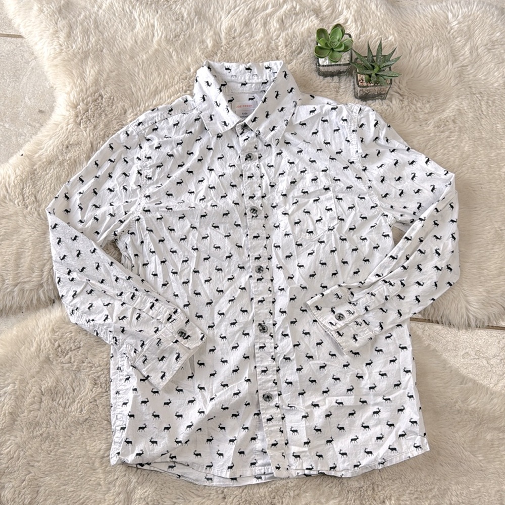 Joe Fresh Kids Button Down Shirt Short Sleeve White With Elk Large 10 / 12